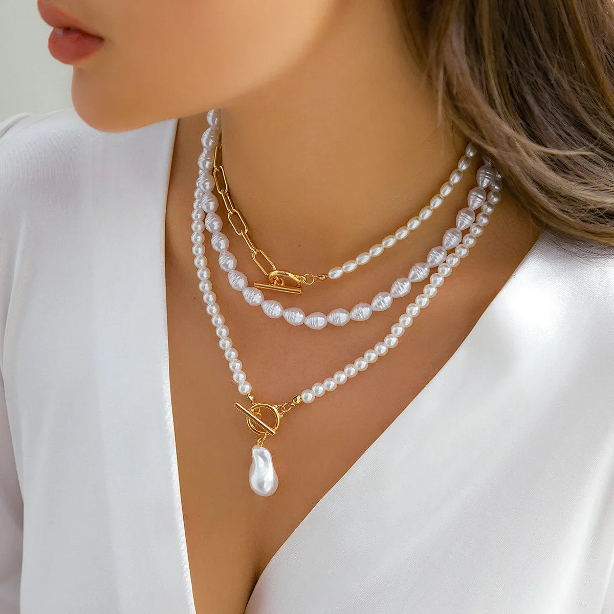 Boho Layered Toggle Clasp Paperclip Pearl Chain Choker Necklace Set