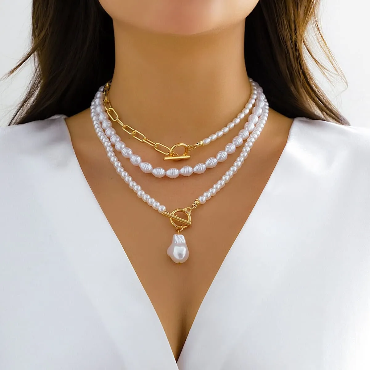 Boho Layered Toggle Clasp Paperclip Pearl Chain Choker Necklace Set