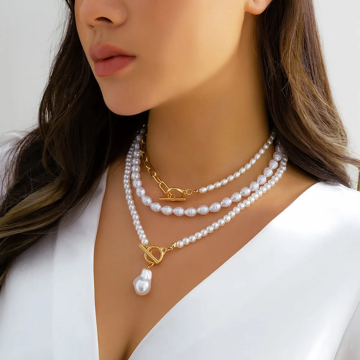 Boho Layered Toggle Clasp Paperclip Pearl Chain Choker Necklace Set