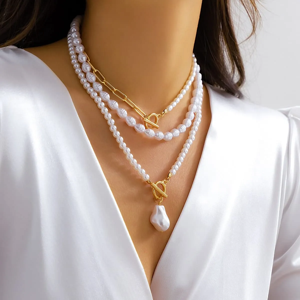 Boho Layered Toggle Clasp Paperclip Pearl Chain Choker Necklace Set