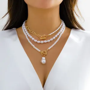 Boho Layered Toggle Clasp Paperclip Pearl Chain Choker Necklace Set