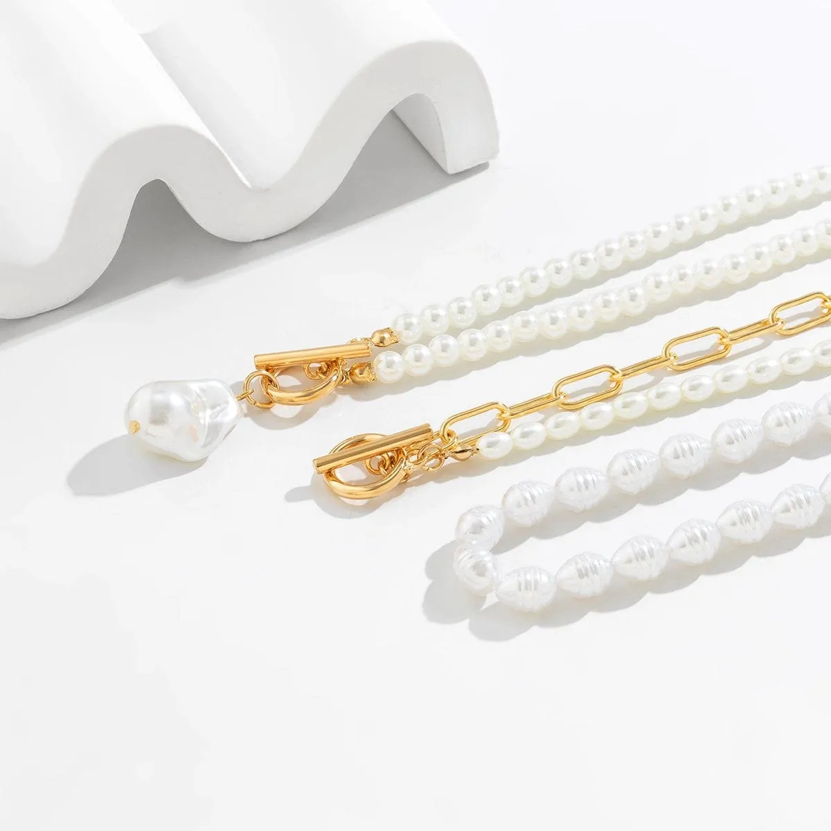 Boho Layered Toggle Clasp Paperclip Pearl Chain Choker Necklace Set