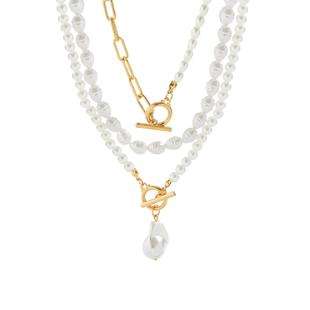 Boho Layered Toggle Clasp Paperclip Pearl Chain Choker Necklace Set
