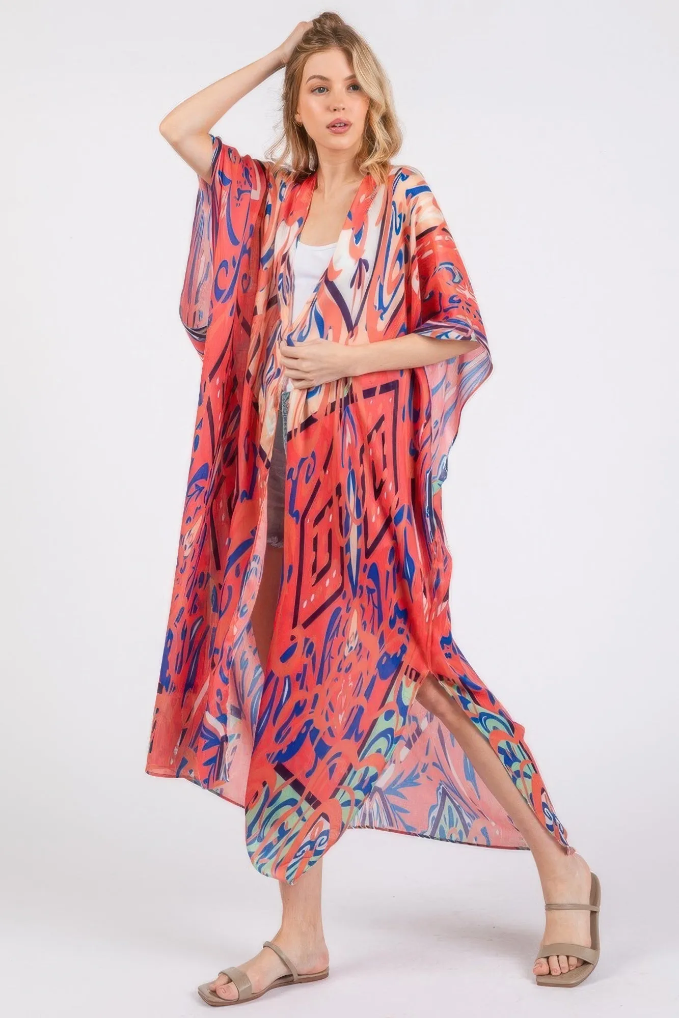 Boho Print Open Front Long Kimono