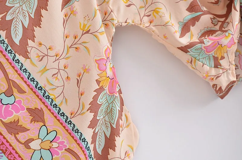 Boho Queens Vintage Floral Print Sashes Short Beach Robe Cover-ups