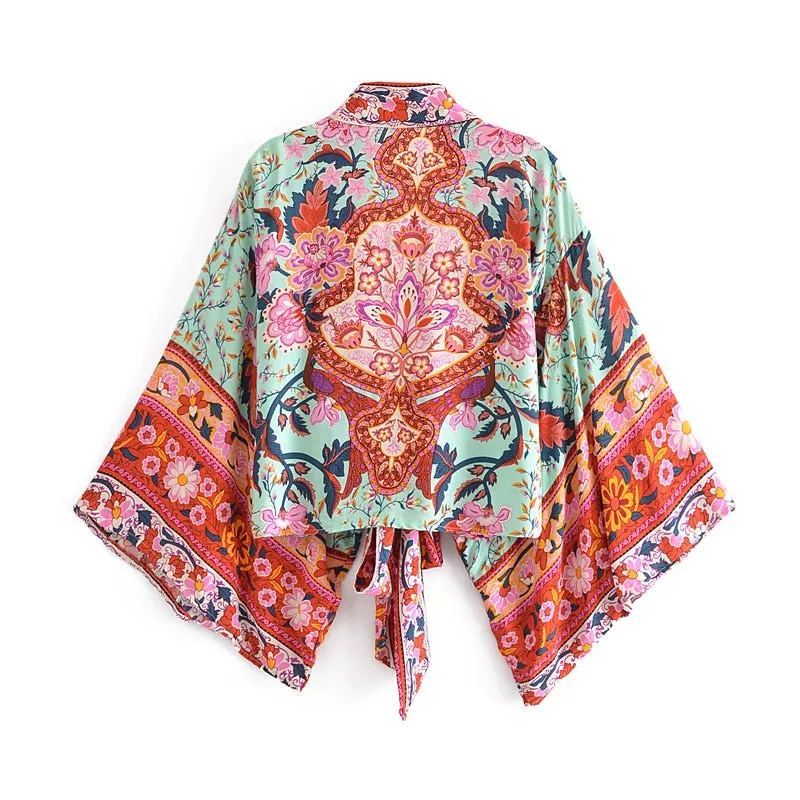 Boho Queens Vintage Floral Print Sashes Short Beach Robe Cover-ups