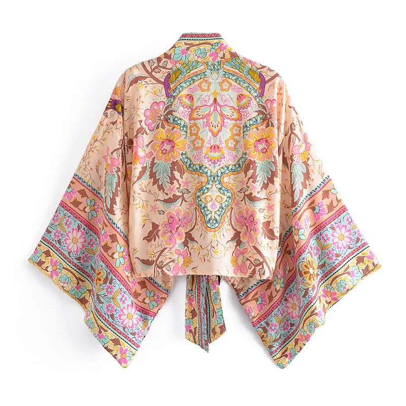 Boho Queens Vintage Floral Print Sashes Short Beach Robe Cover-ups