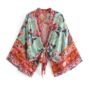 Boho Queens Vintage Floral Print Sashes Short Beach Robe Cover-ups