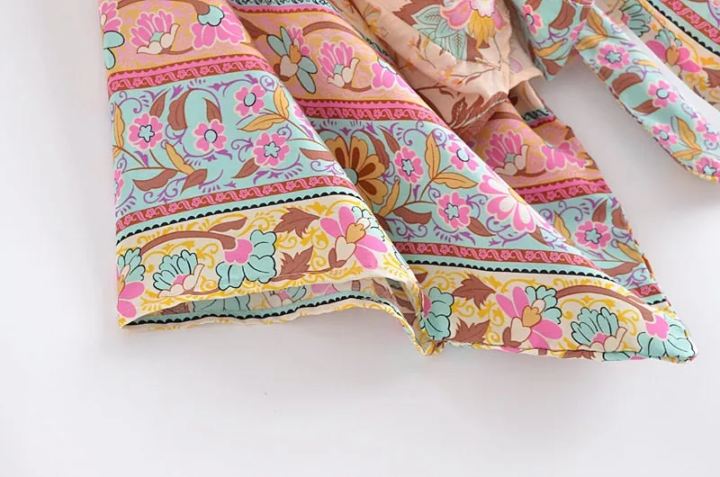 Boho Queens Vintage Floral Print Sashes Short Beach Robe Cover-ups