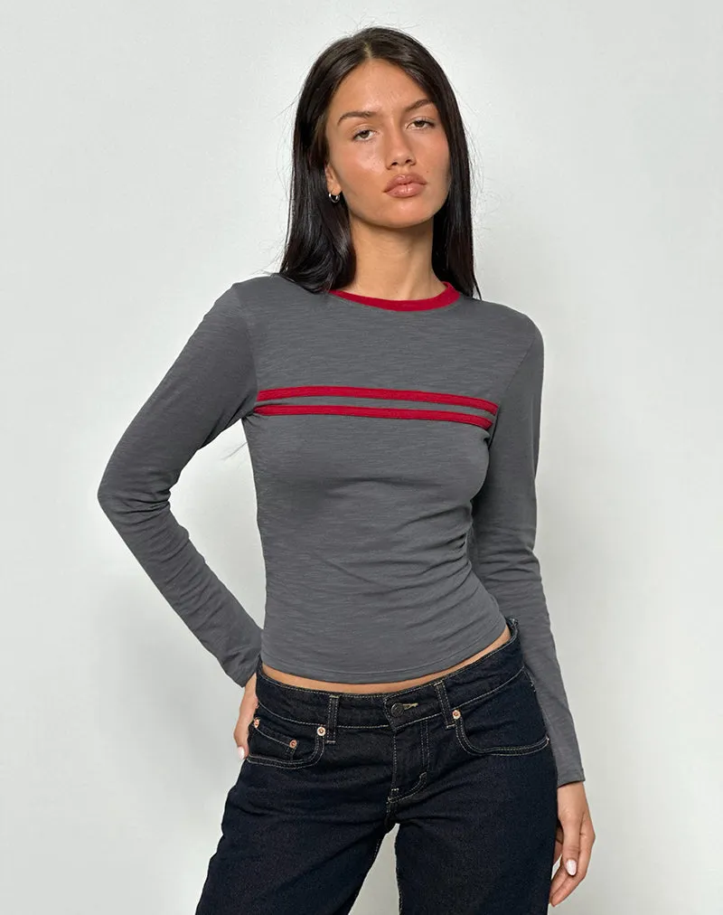 Bonjita Long Sleeve Top in Storm Grey with Adrenaline Red Binding