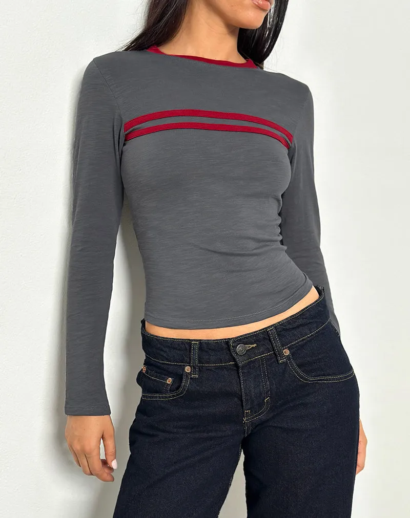 Bonjita Long Sleeve Top in Storm Grey with Adrenaline Red Binding
