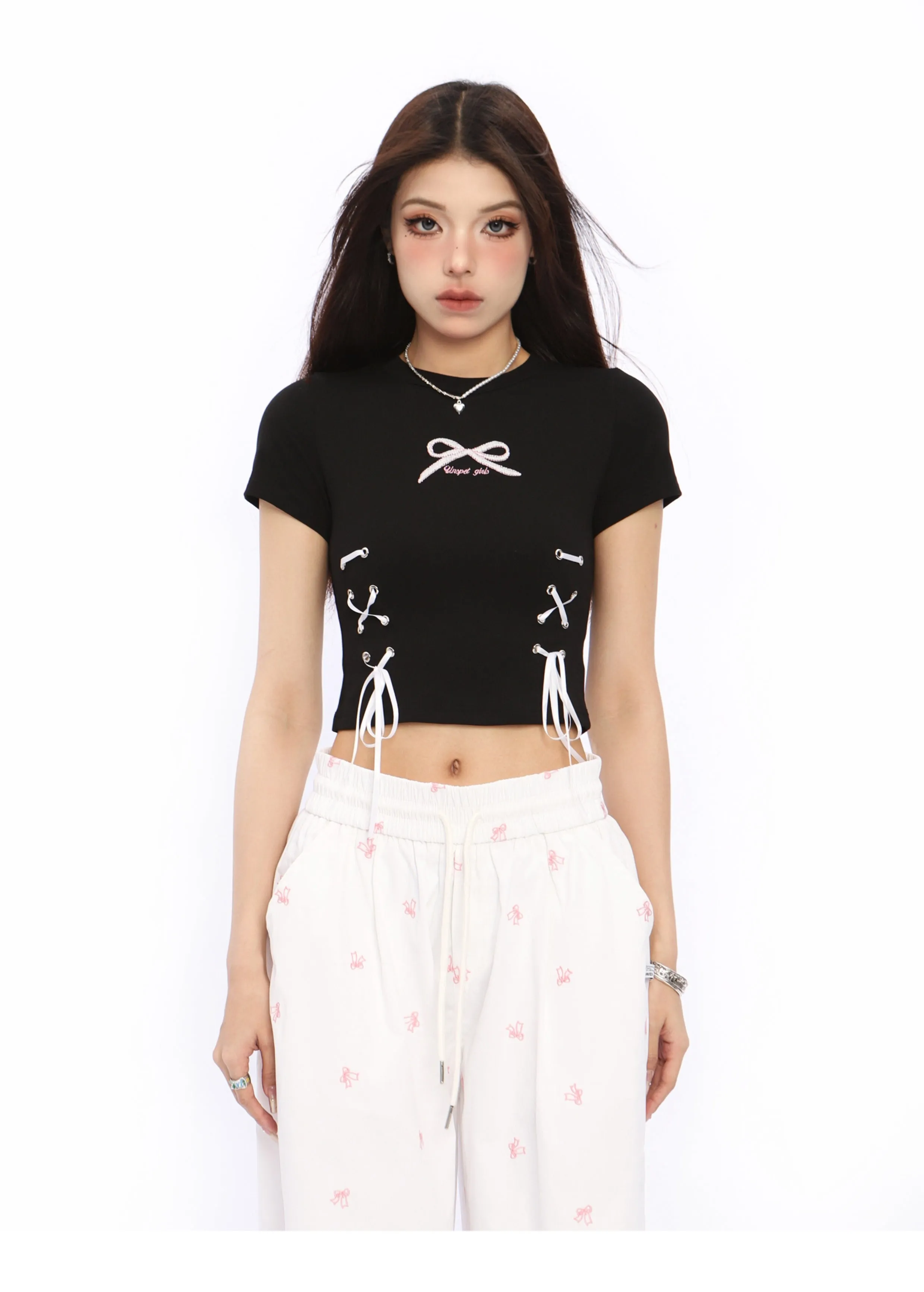 Bow tie short-sleeved short top