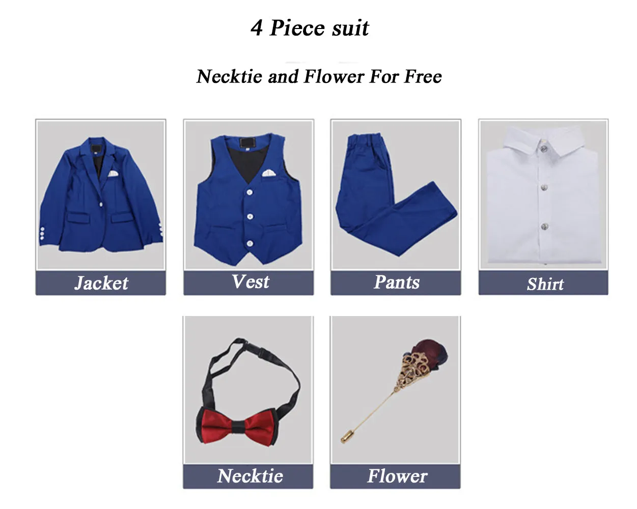 Boys' Blue Formal Suit  4 piece Dresswear suit set with jacket,shirt,vest and pants