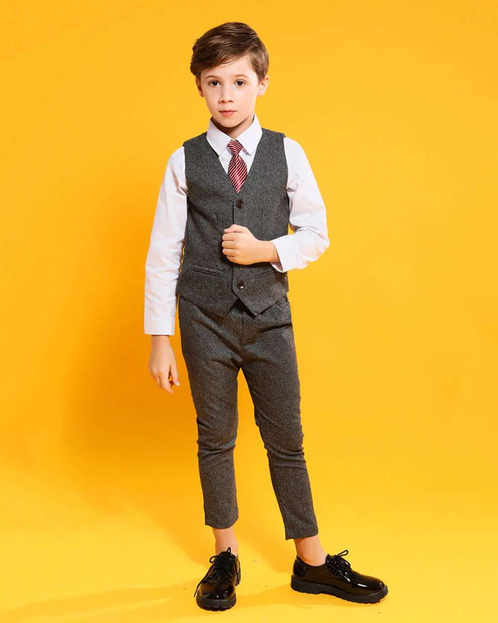 Boys' Gray Formal Suit  4 piece Dresswear suit set with red necktie Kids dress suit