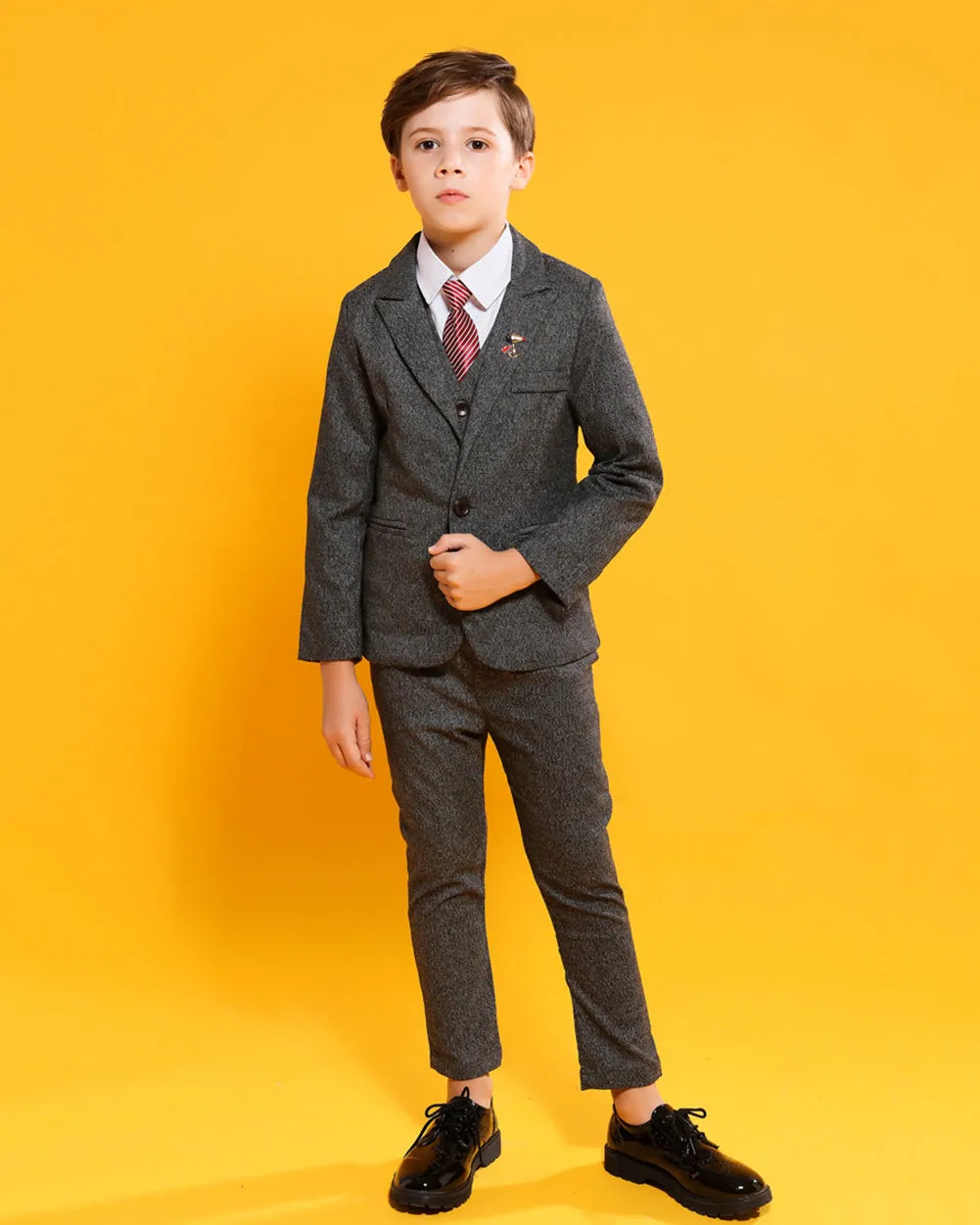 Boys' Gray Formal Suit  4 piece Dresswear suit set with red necktie Kids dress suit