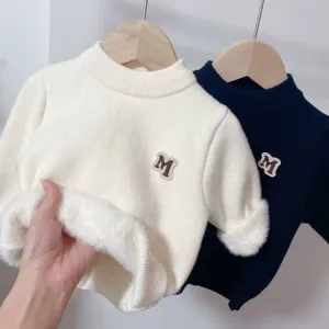 Boys' integrated fleece sweater thickened and fleece medium and small children's pullover to keep warm versatile autumn and winter new baby knitting base