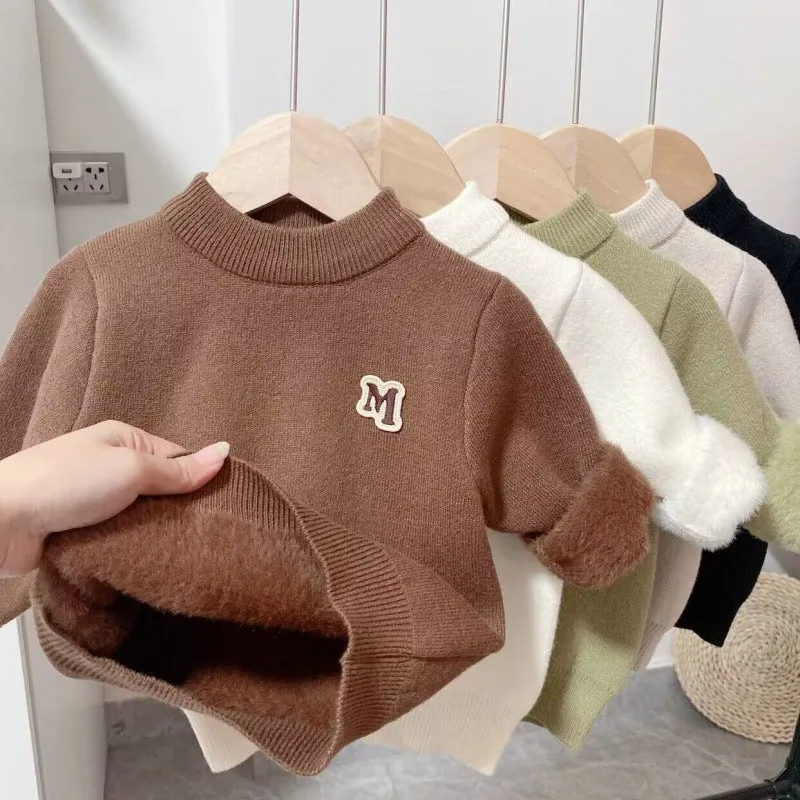 Boys' integrated fleece sweater thickened and fleece medium and small children's pullover to keep warm versatile autumn and winter new baby knitting base