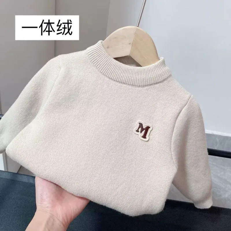 Boys' integrated fleece sweater thickened and fleece medium and small children's pullover to keep warm versatile autumn and winter new baby knitting base