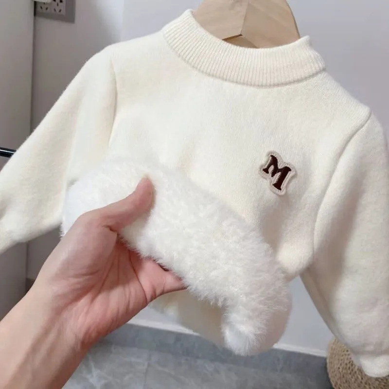 Boys' integrated fleece sweater thickened and fleece medium and small children's pullover to keep warm versatile autumn and winter new baby knitting base