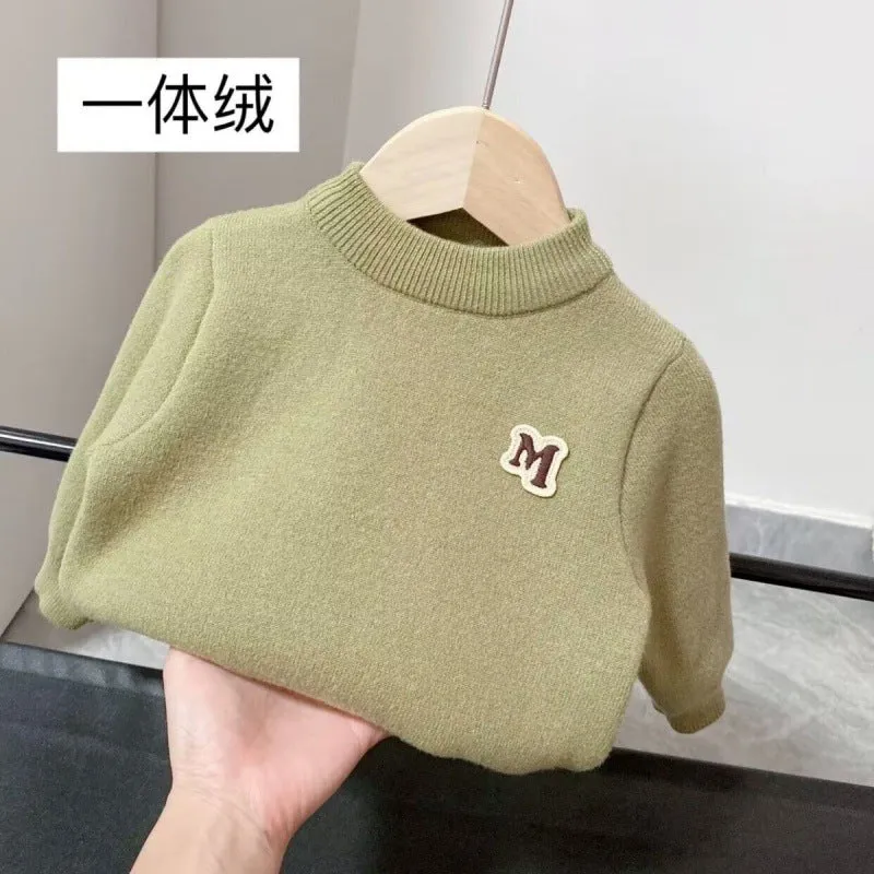 Boys' integrated fleece sweater thickened and fleece medium and small children's pullover to keep warm versatile autumn and winter new baby knitting base