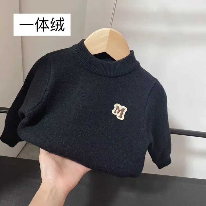 Boys' integrated fleece sweater thickened and fleece medium and small children's pullover to keep warm versatile autumn and winter new baby knitting base
