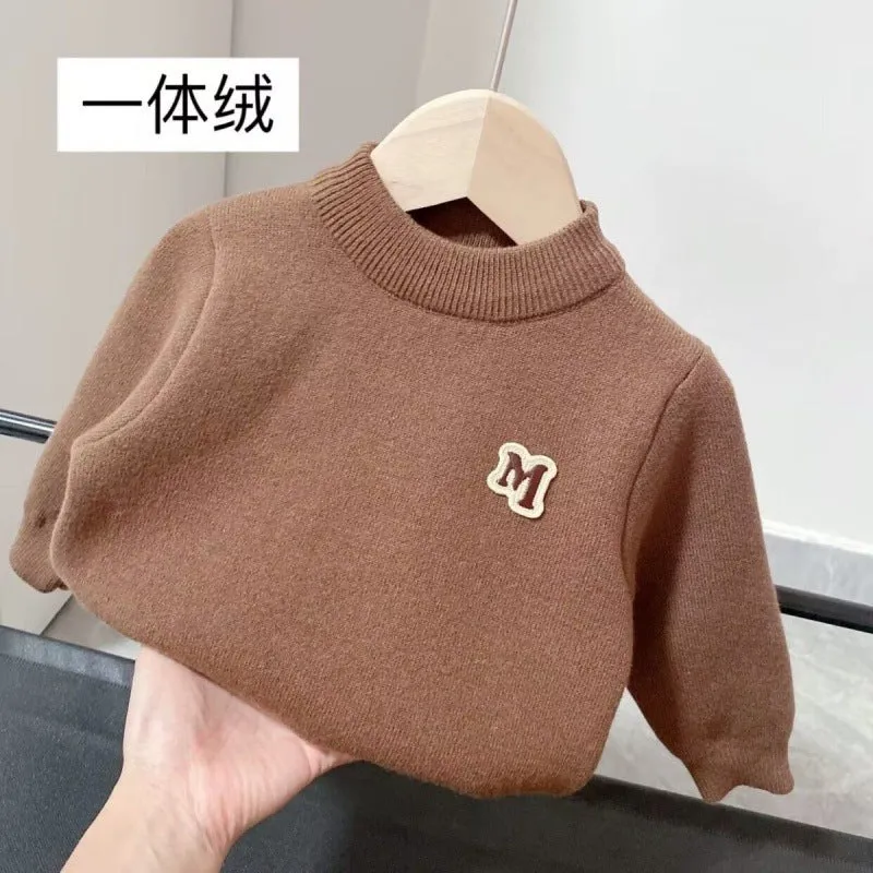 Boys' integrated fleece sweater thickened and fleece medium and small children's pullover to keep warm versatile autumn and winter new baby knitting base
