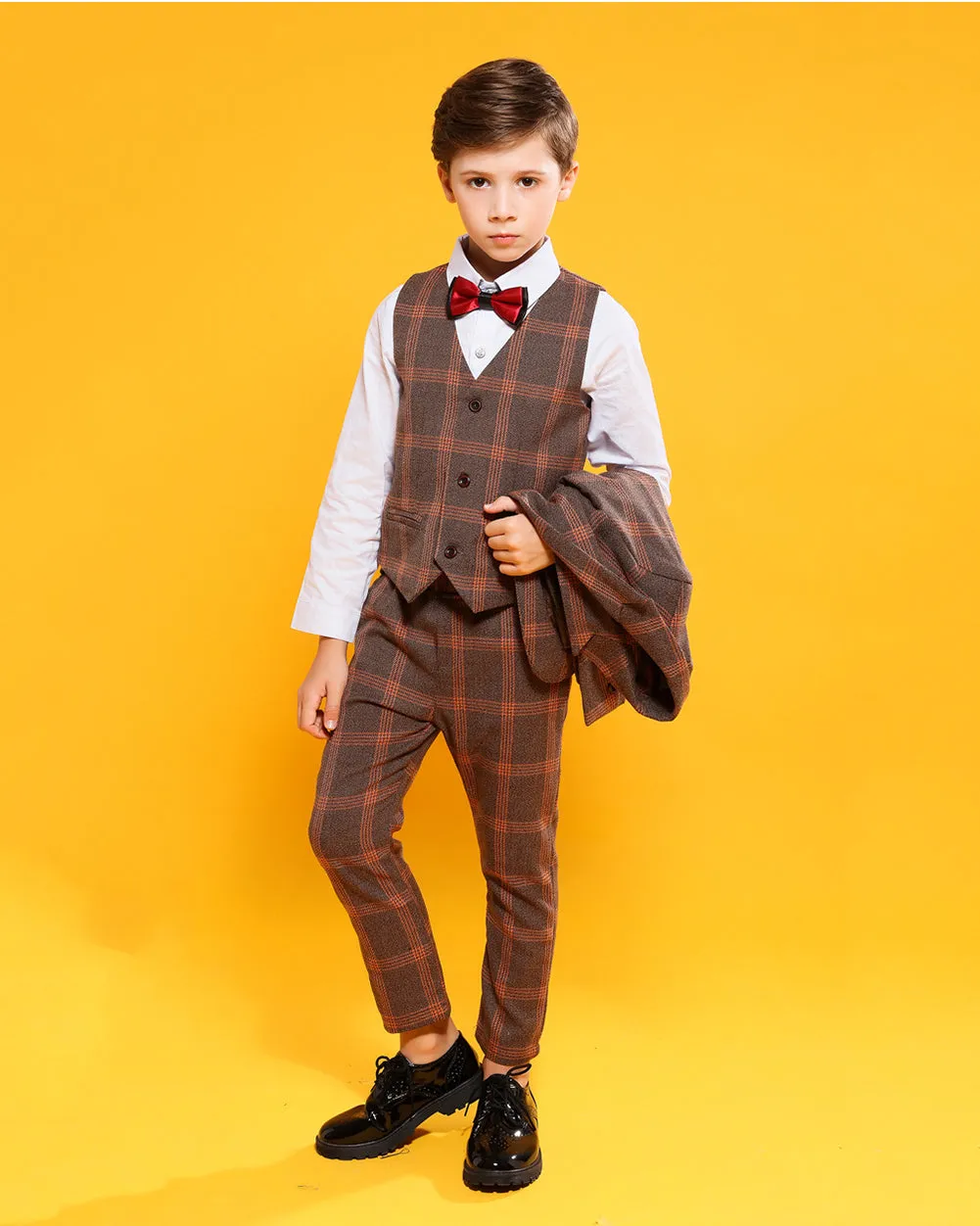 Boys' Khaki Formal Suit  3 piece Dresswear suit set with vest,jacket and pants