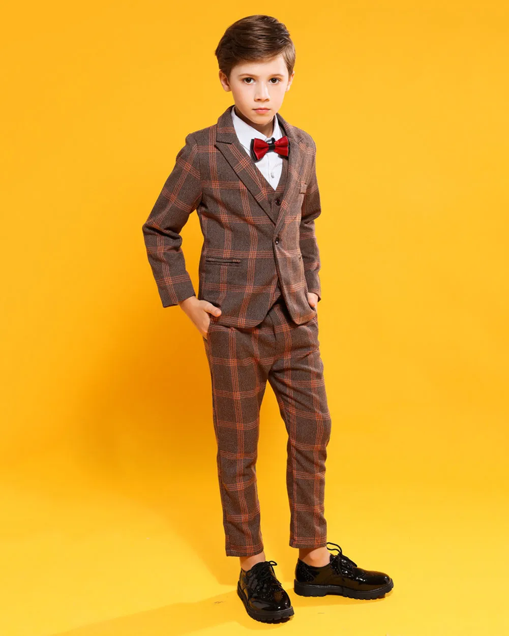 Boys' Khaki Formal Suit  3 piece Dresswear suit set with vest,jacket and pants