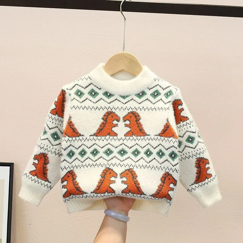 Boys sweater 2025 autumn and winter new children's thickened mink velvet medium and small children's knitted pullover base cartoon sweater