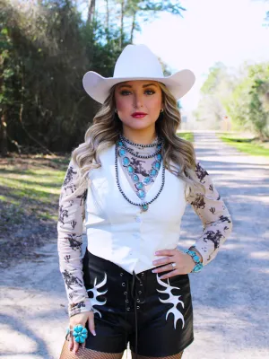 Bronc Riding Star Mesh Long Sleeve Top, Black Cowboy/horse print with stars