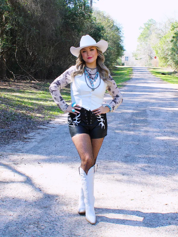 Bronc Riding Star Mesh Long Sleeve Top, Black Cowboy/horse print with stars