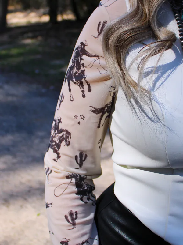 Bronc Riding Star Mesh Long Sleeve Top, Black Cowboy/horse print with stars