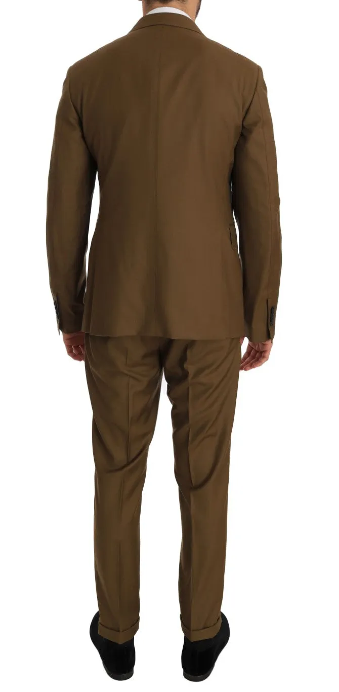 Brown Wool Double Breasted Slim Fit Suit