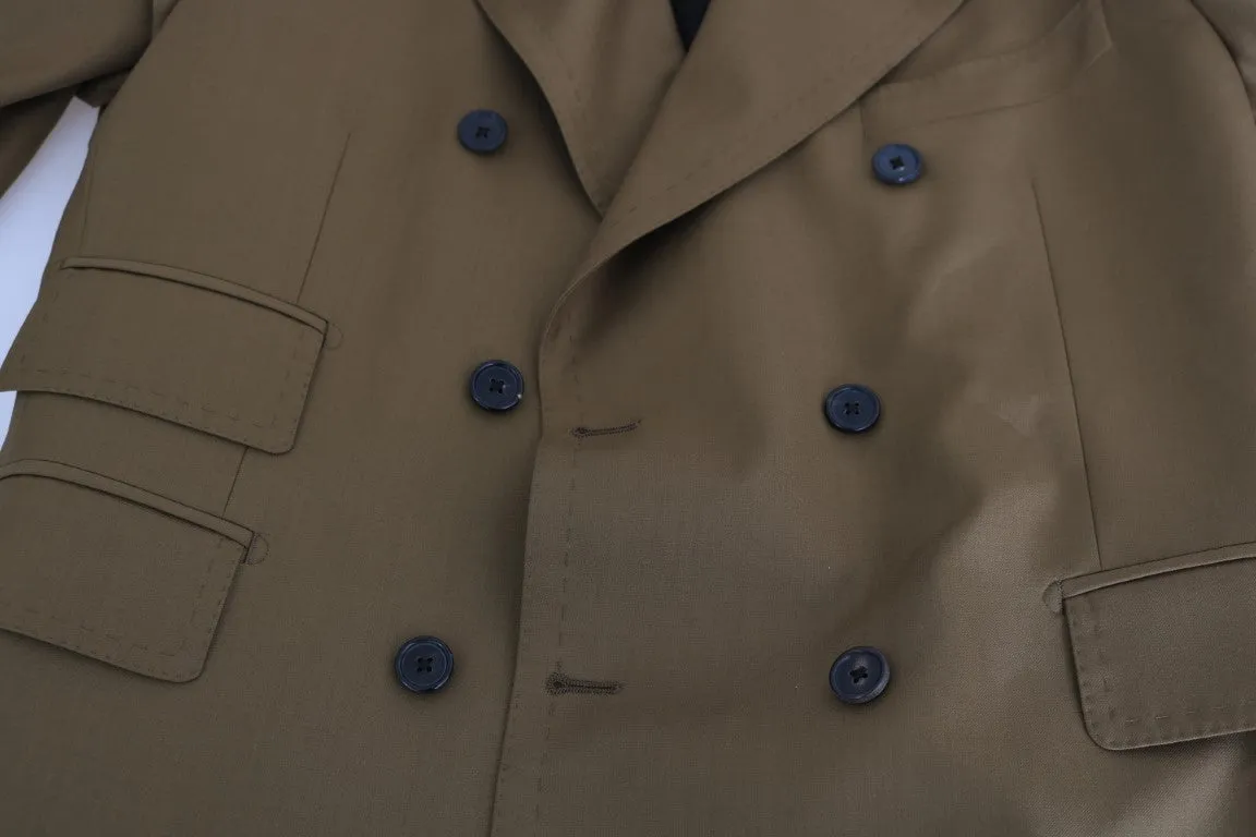 Brown Wool Double Breasted Slim Fit Suit