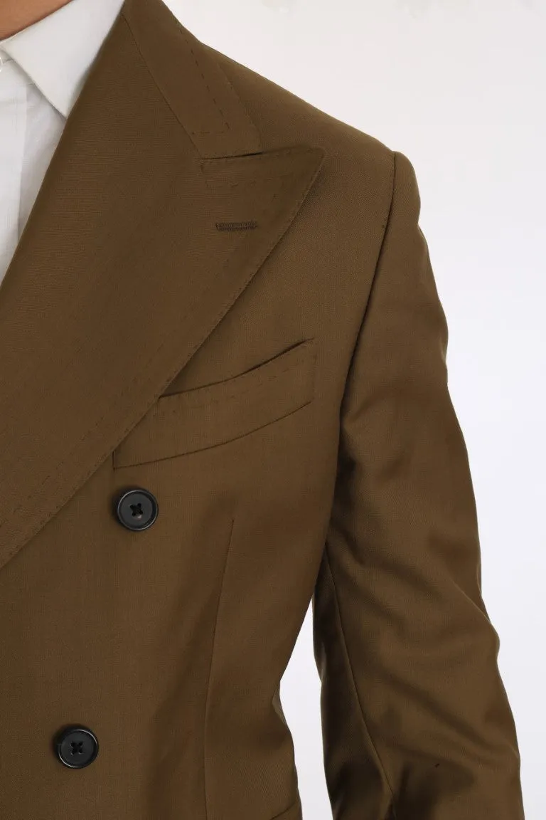 Brown Wool Double Breasted Slim Fit Suit