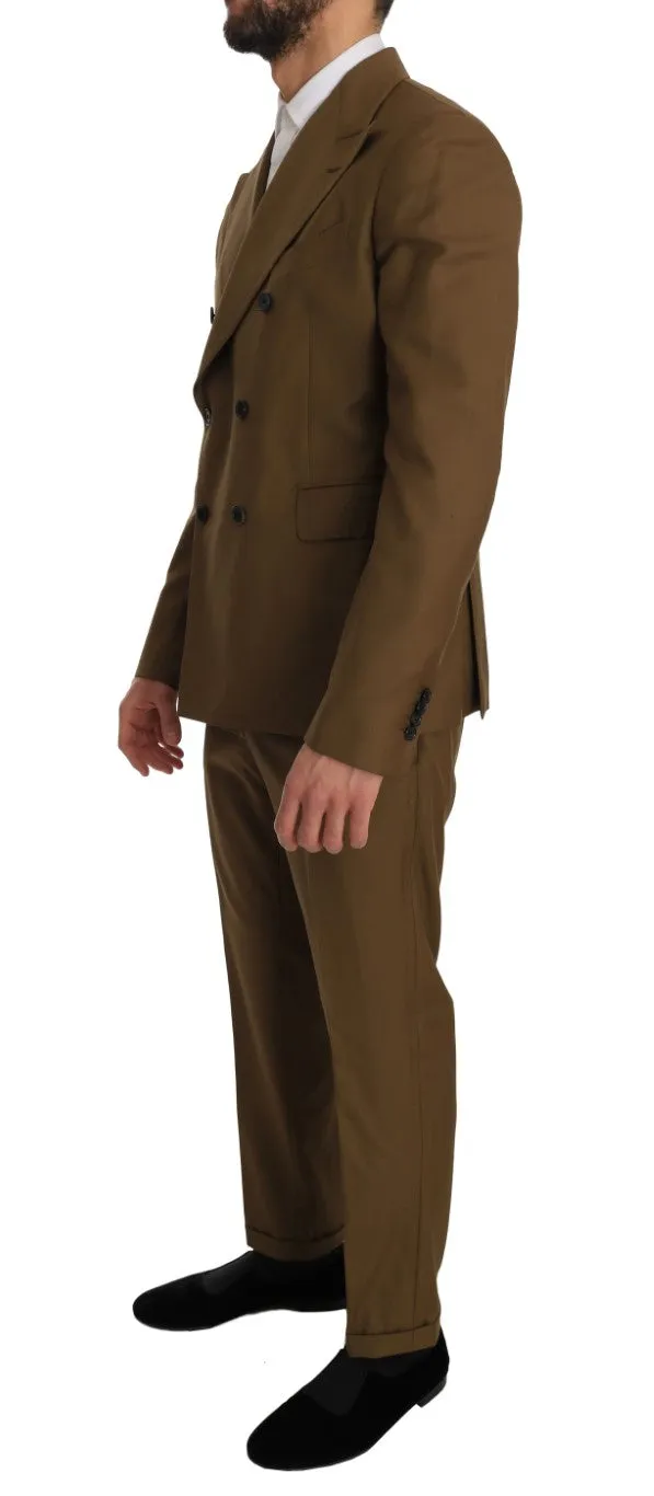 Brown Wool Double Breasted Slim Fit Suit