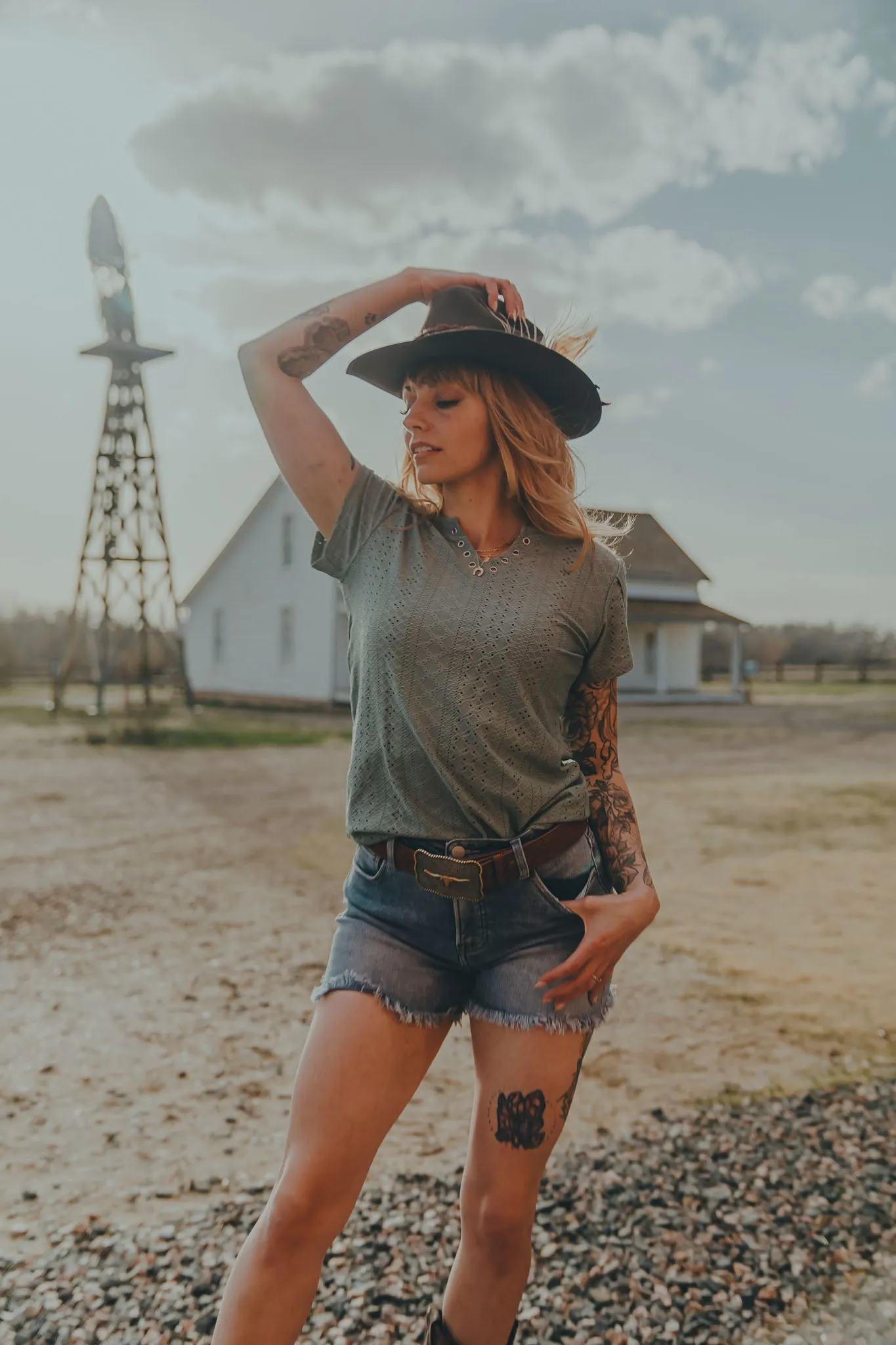 Buckled  V Neck Punching Lace Tulip Sleeve Tee