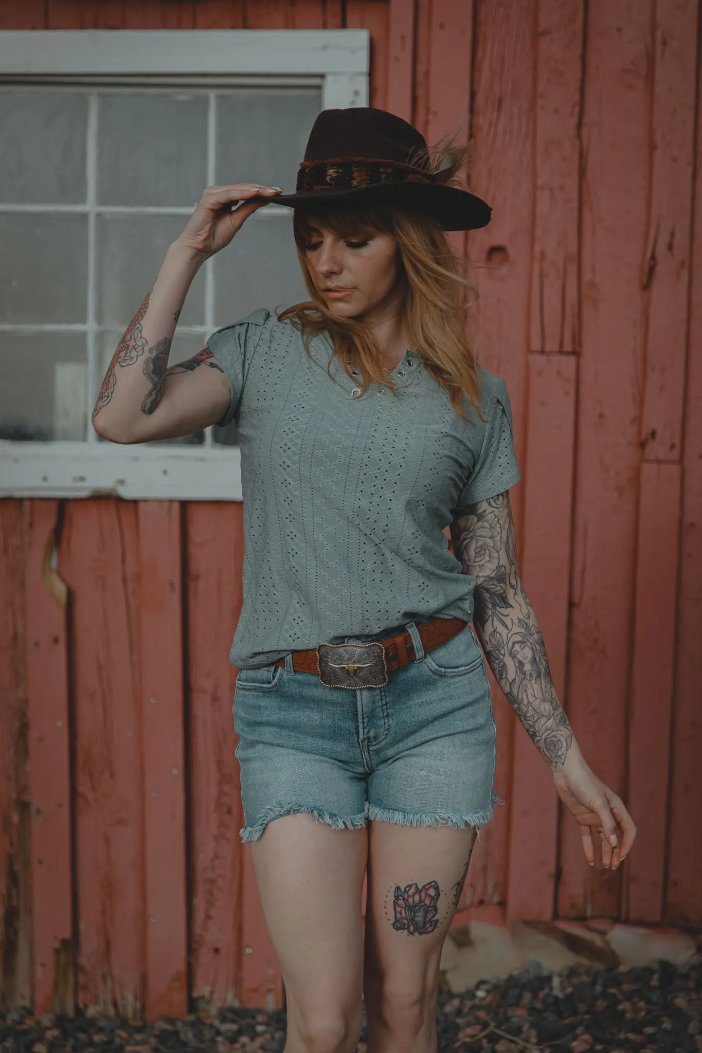 Buckled  V Neck Punching Lace Tulip Sleeve Tee
