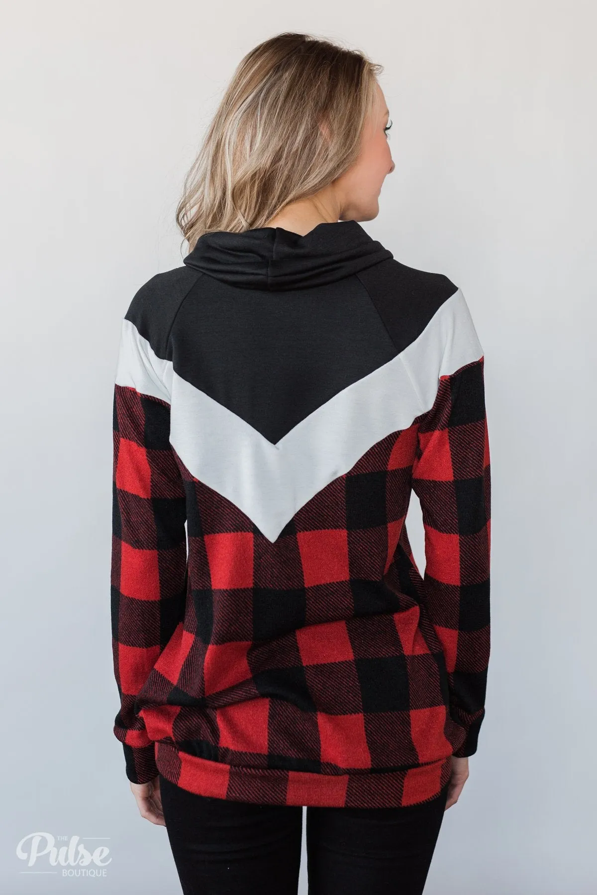 Buffalo Plaid Chevron Cowl Neck Top