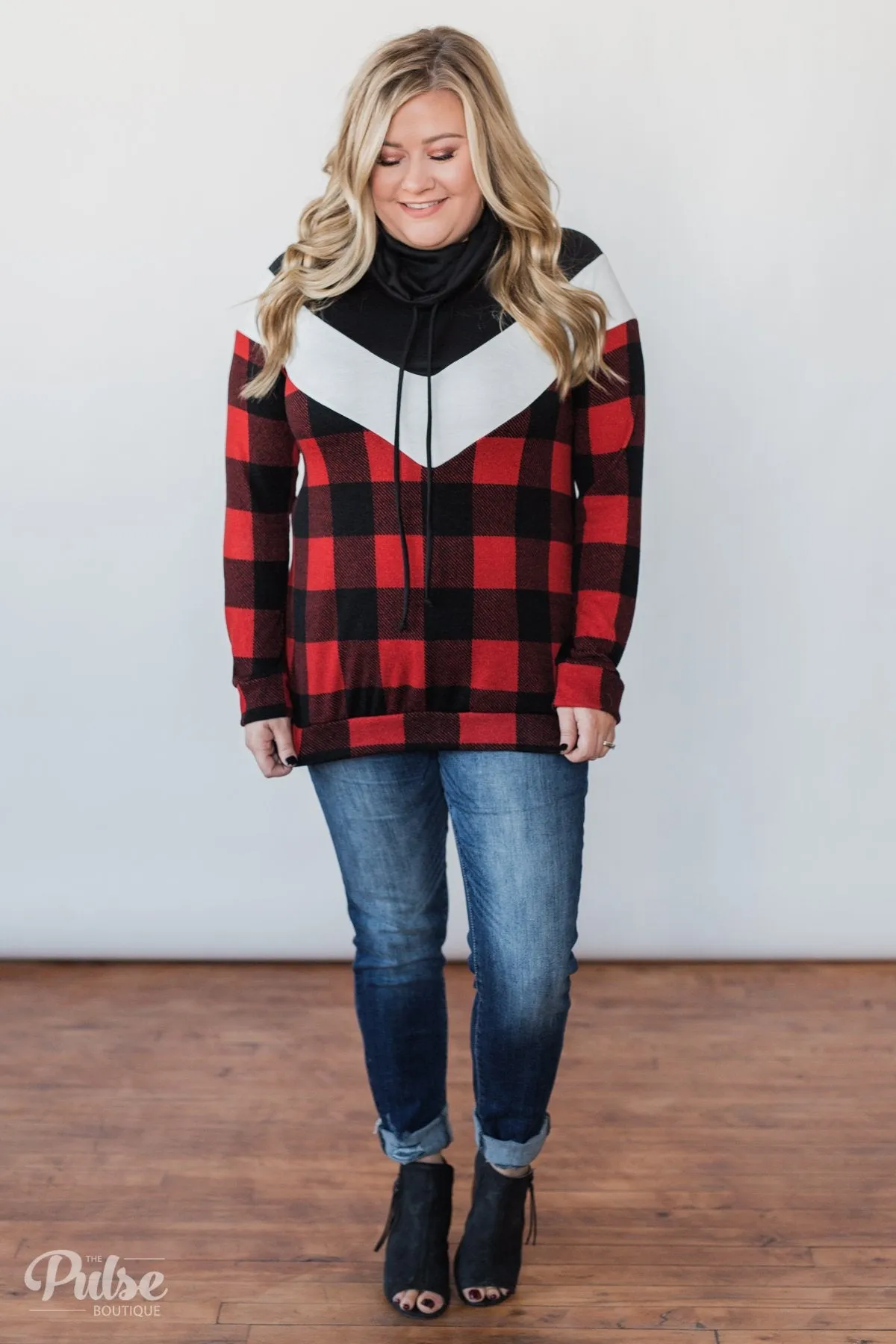 Buffalo Plaid Chevron Cowl Neck Top
