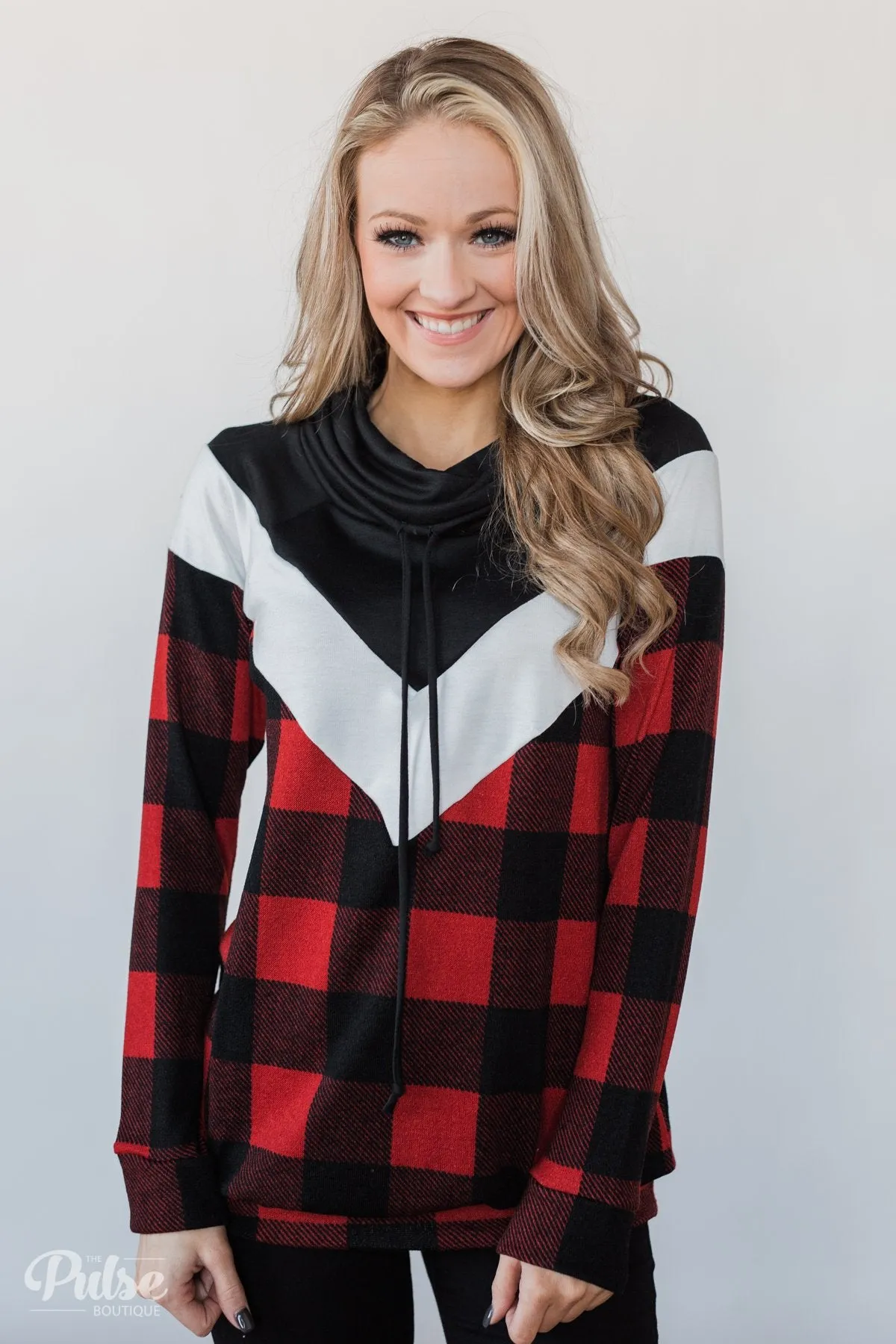 Buffalo Plaid Chevron Cowl Neck Top