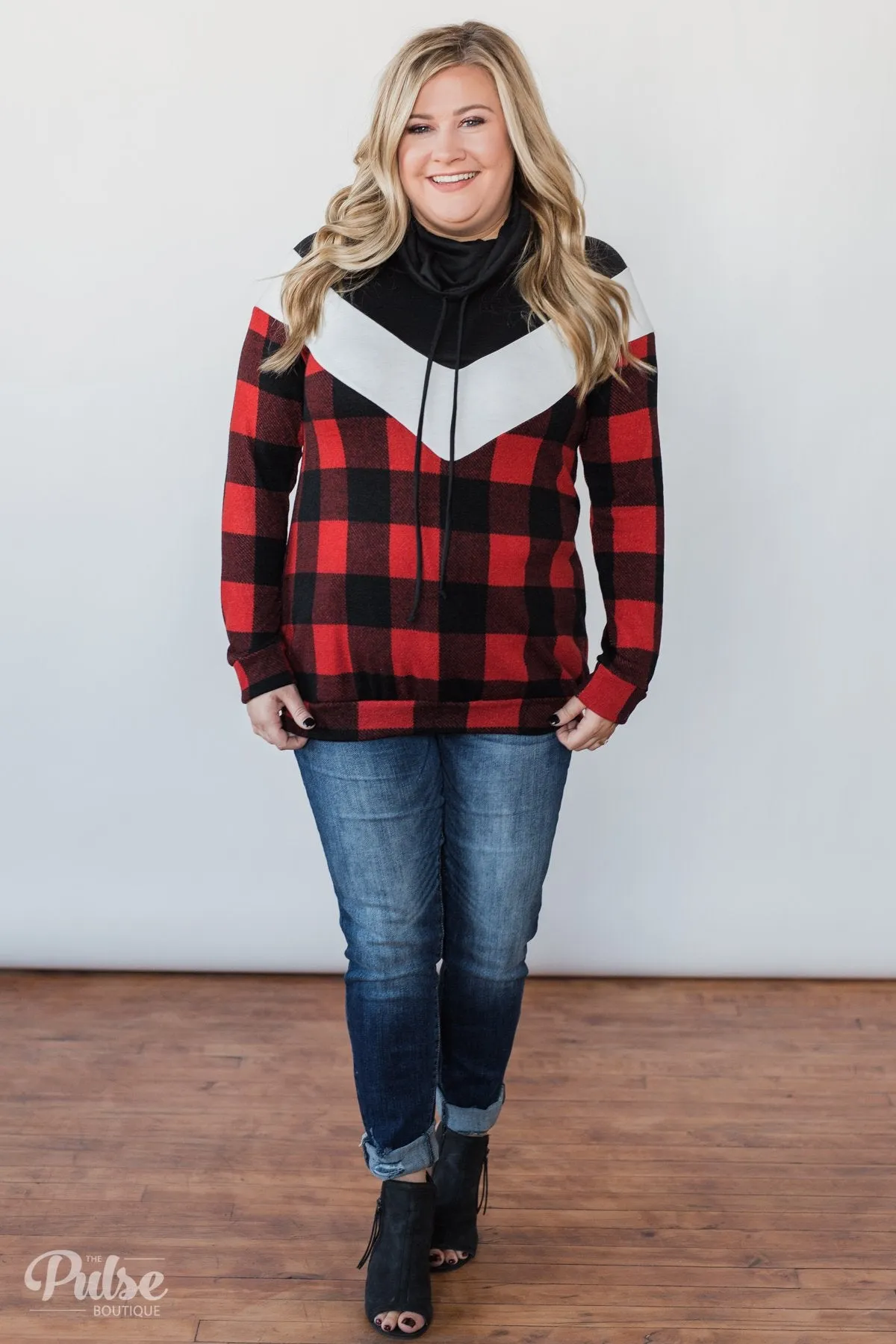 Buffalo Plaid Chevron Cowl Neck Top