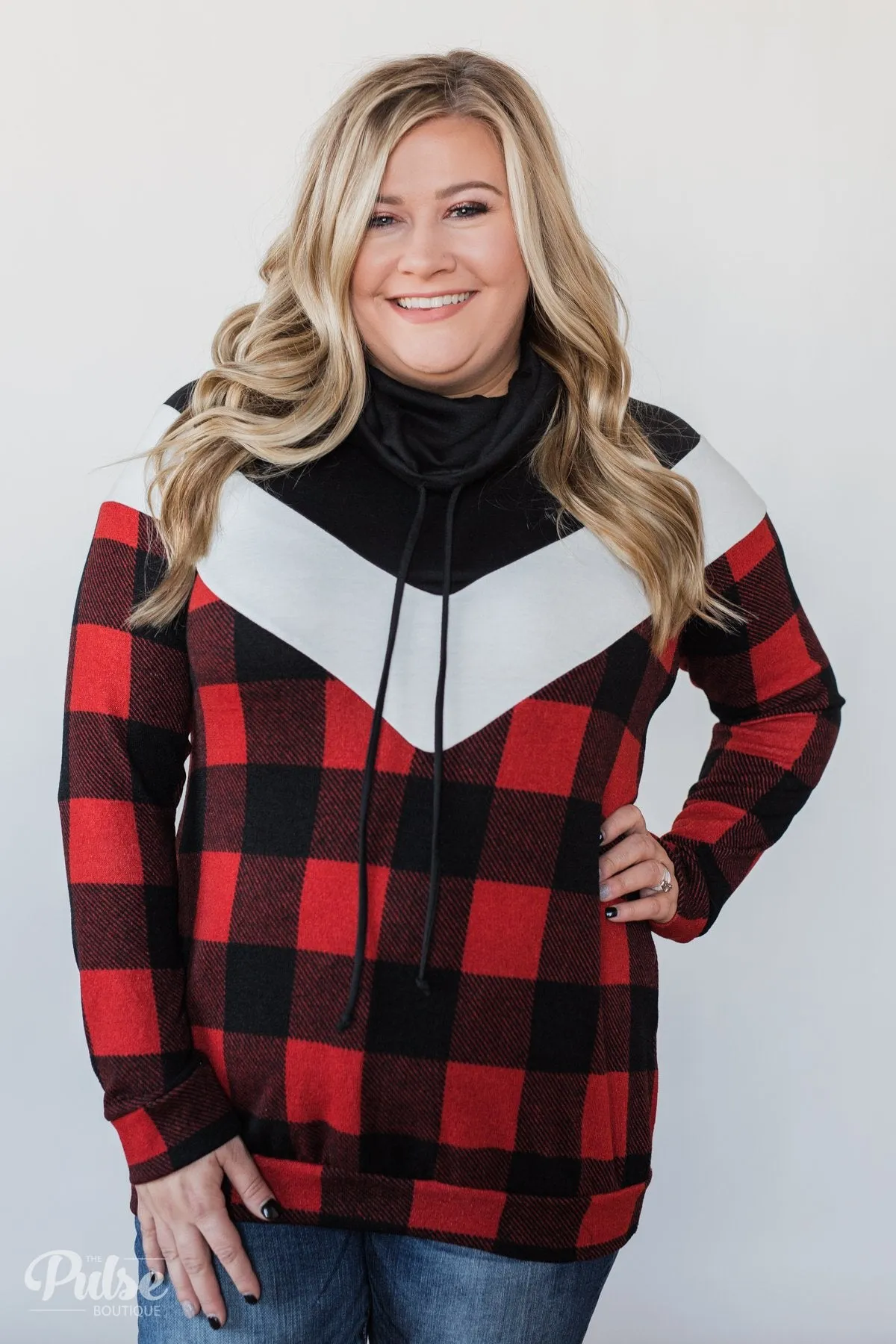 Buffalo Plaid Chevron Cowl Neck Top