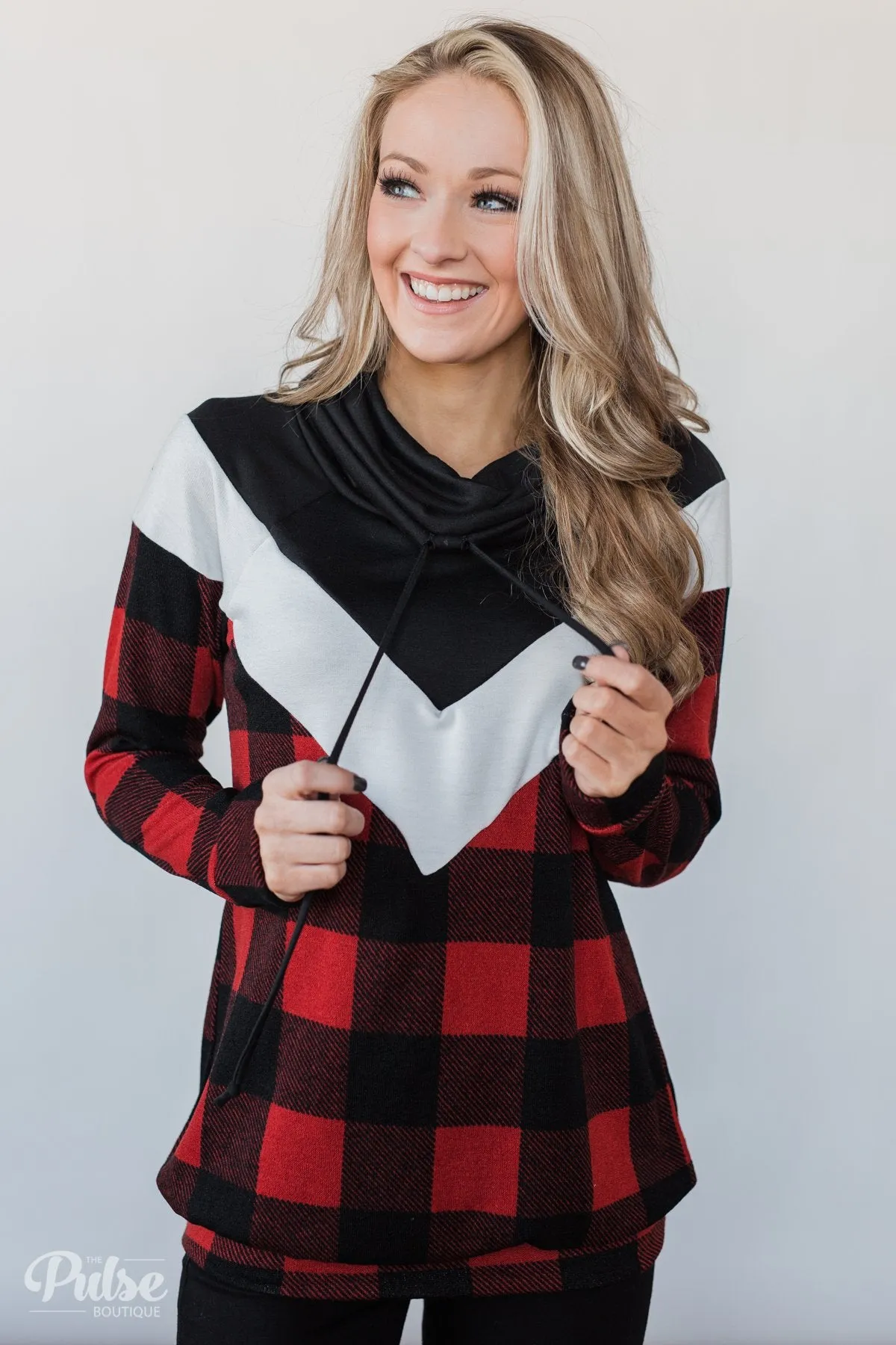 Buffalo Plaid Chevron Cowl Neck Top
