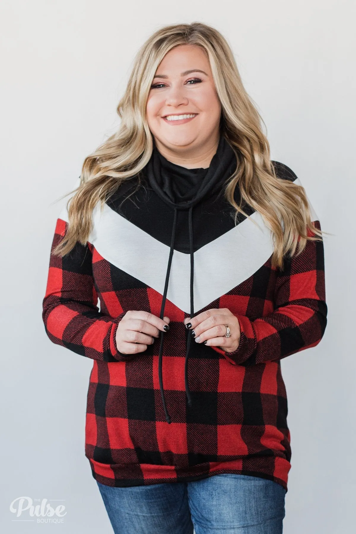 Buffalo Plaid Chevron Cowl Neck Top