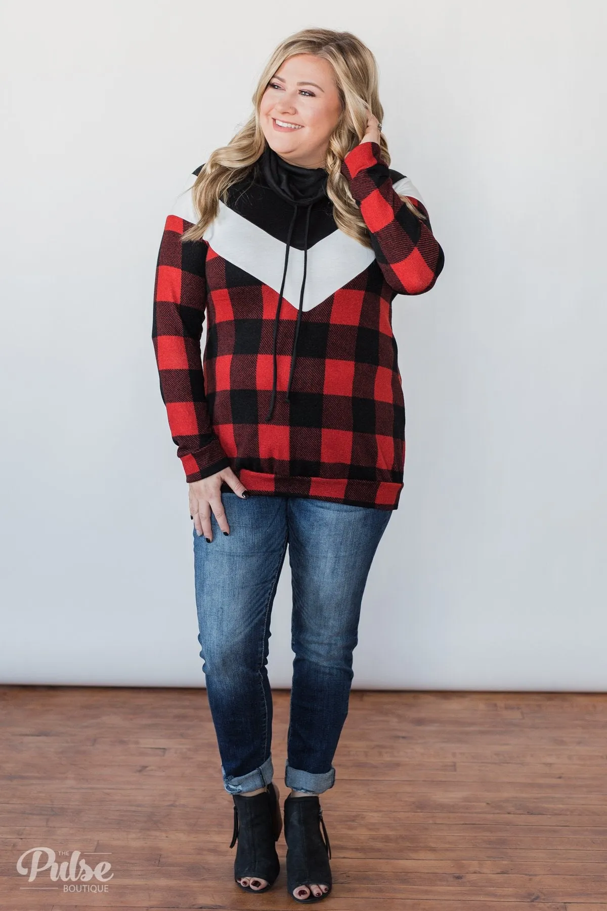 Buffalo Plaid Chevron Cowl Neck Top