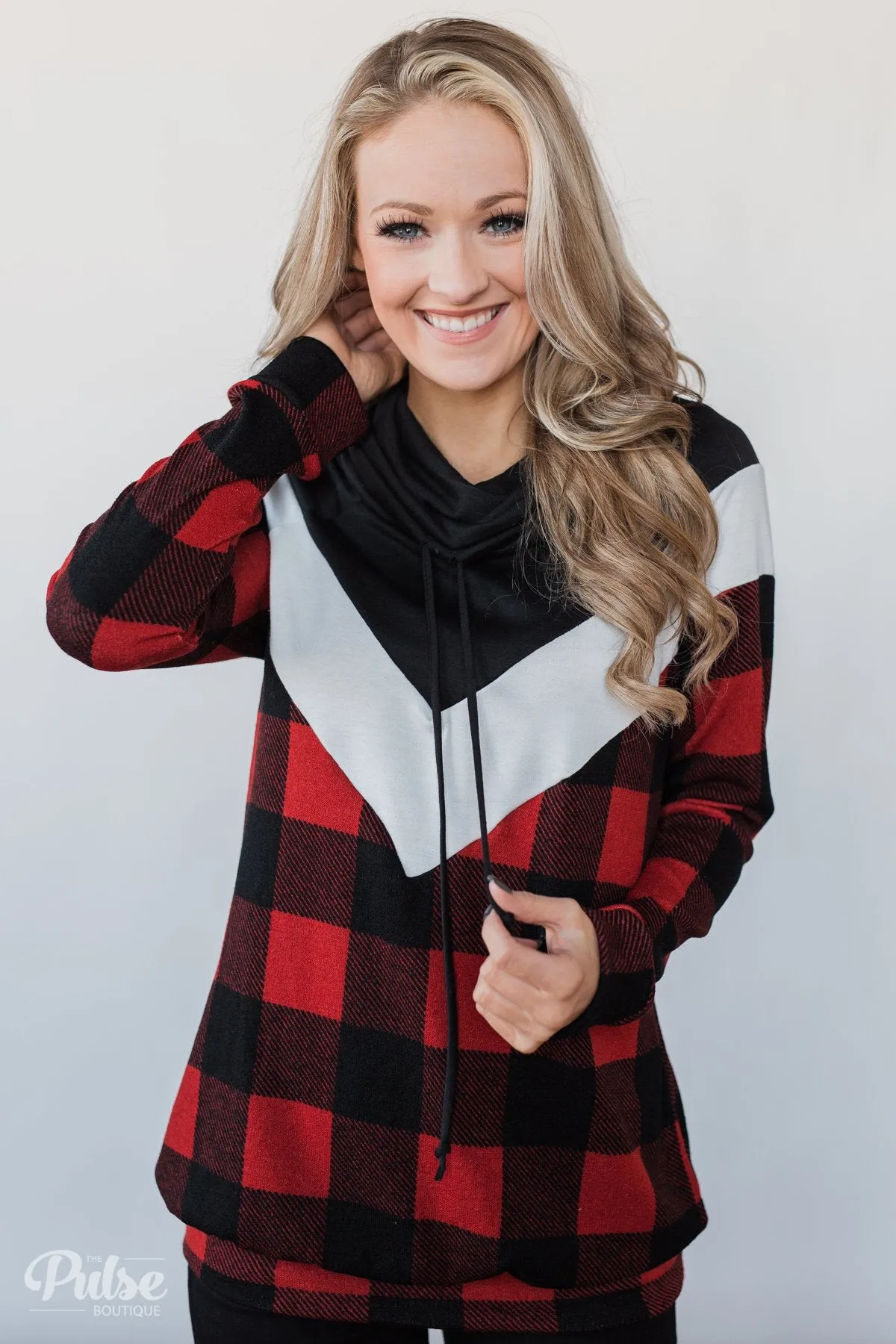 Buffalo Plaid Chevron Cowl Neck Top
