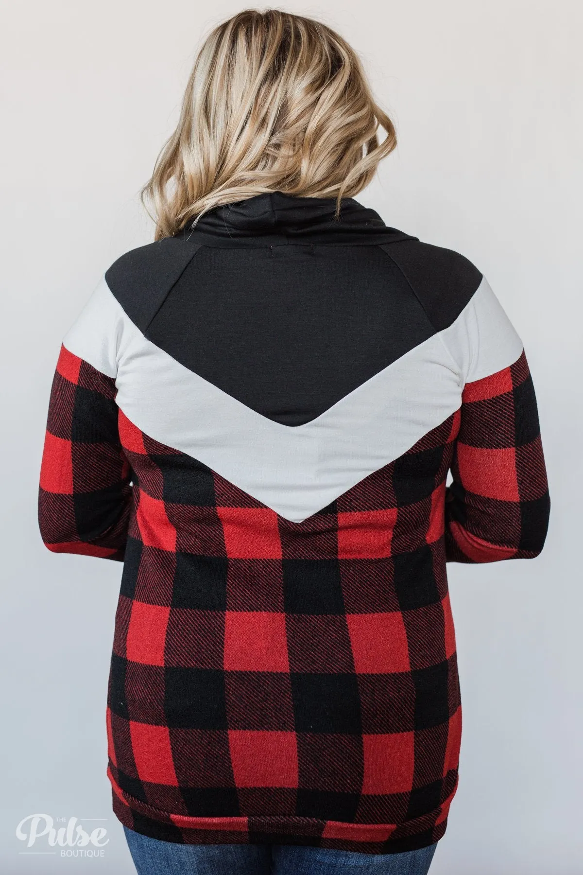 Buffalo Plaid Chevron Cowl Neck Top