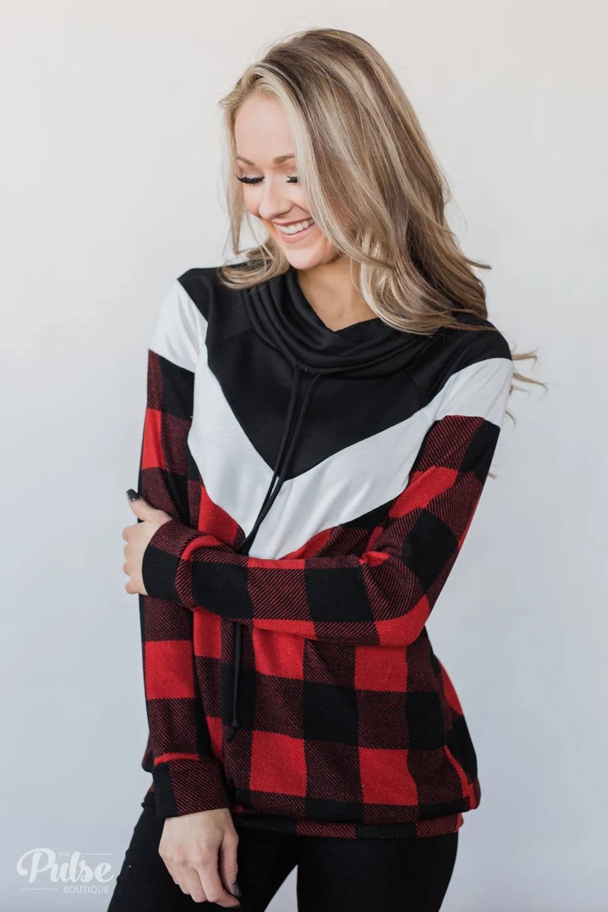 Buffalo Plaid Chevron Cowl Neck Top