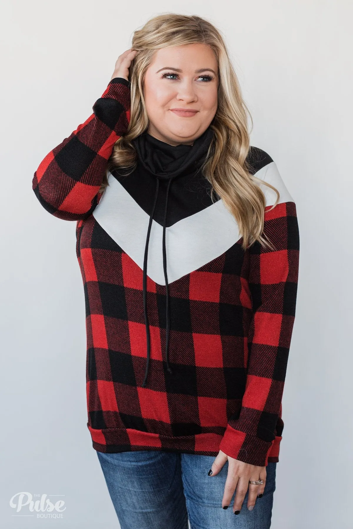 Buffalo Plaid Chevron Cowl Neck Top